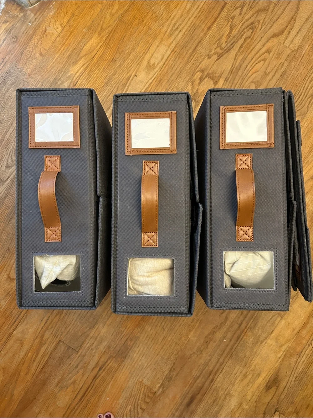 Set of 4 Gray Fabric Storage Bins with Brown Leather Handles (sheets & linens)